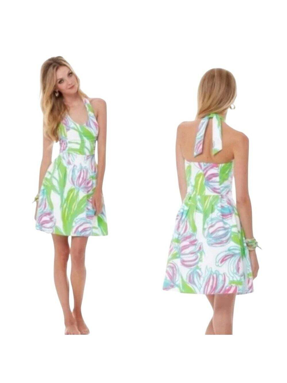 Lilly Pulitzer Ross Halter Dress 0 Ring The Bellboy Pink Green Floral Resort